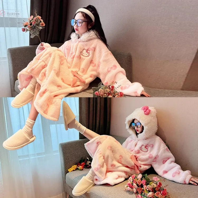 女童珊瑚绒睡袍2025新款初中生少女风爆款家居服儿童秋冬加绒睡衣