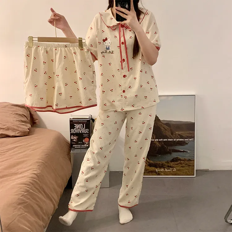 HelloKitty睡衣女三件套夏季短袖2025新款可爱卡通棉质夏天家居服