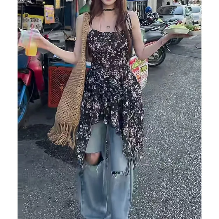 【茉莉仲夏夜】早春法式碎花吊带裙复古时尚气质修身显瘦高腰不规则