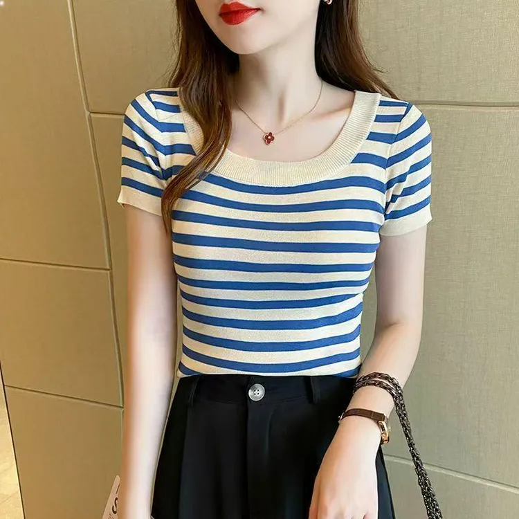 哥弟阿玛施正品针织夏季薄款条纹短款圆领女百搭短袖T恤修身显瘦