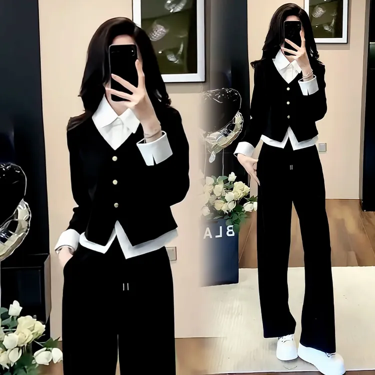 高含棉休闲减龄套装女2025年春秋新款设计感假两件上衣长裤两件套