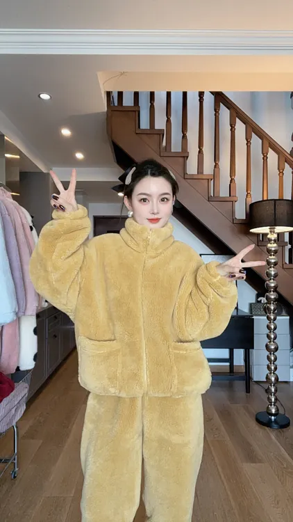 加厚睡衣女款保暖上衣松紧带立领家居服冬季长袖时尚