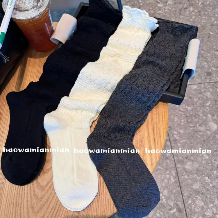 小腿袜女高筒秋冬堆堆袜复古镂空花边长袜针织毛线袜网红同款袜套