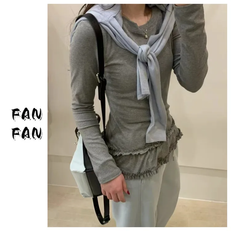 FANFAN 【辣妹风 花边】简约纯色打底衫