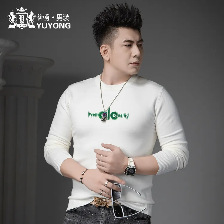欧洲站圆领毛衣男款2025秋冬季新款潮流印花内搭打底衫时尚针织衫