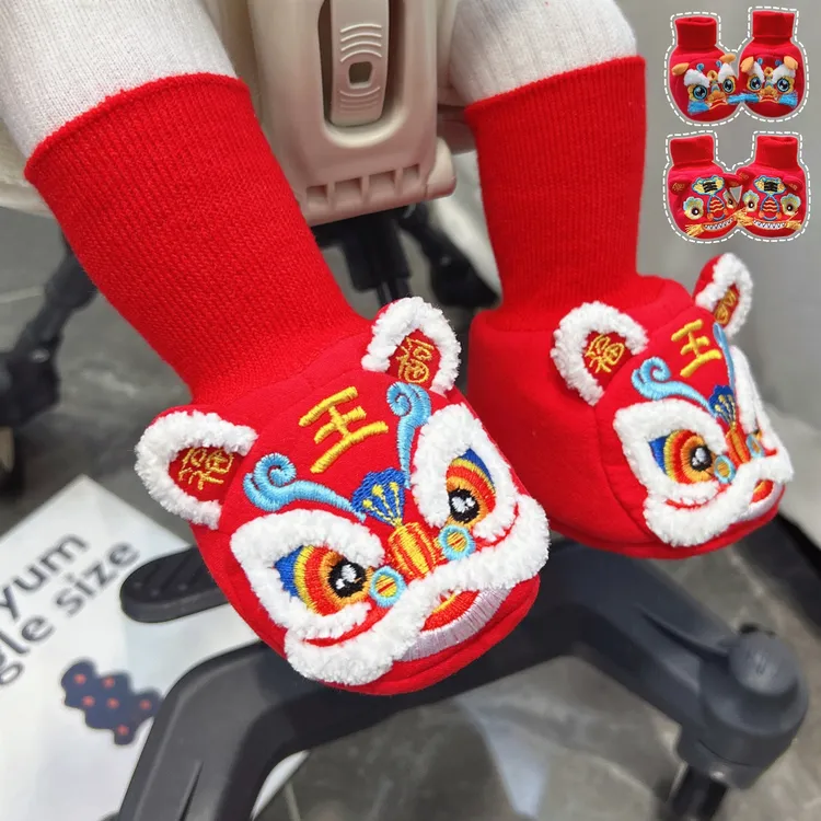 婴儿袜子0一3月秋冬季加绒中国风满月百天新年周岁红色中筒袜宝宝