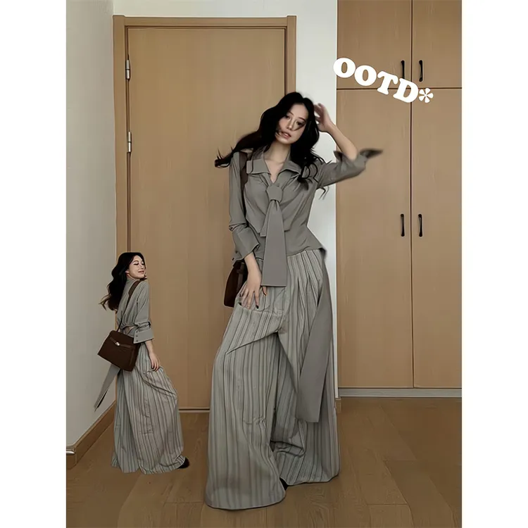 2025新款女士秋季慵懒感宽松百搭系带气质简约显瘦长袖衬衫阔腿裤