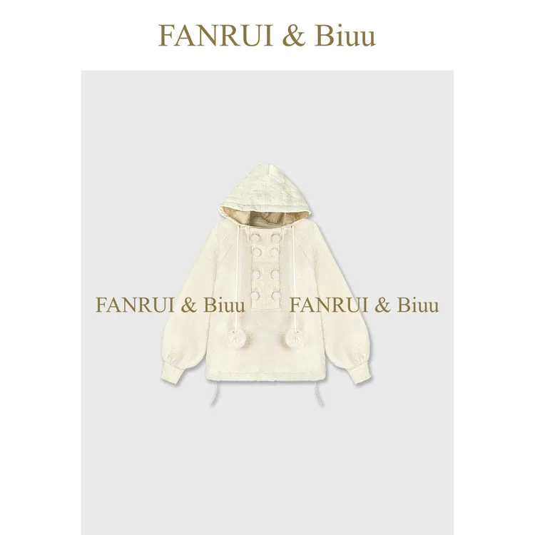 FANRUI/泛芮 「纽扣诗行」颗粒毛拼接连帽原创设计感复古卫衣B19619