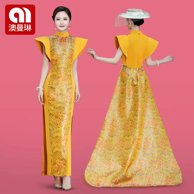 高贵绝美T台走秀旗袍高端演出服2025新中式款主持鱼尾拖尾晚礼服