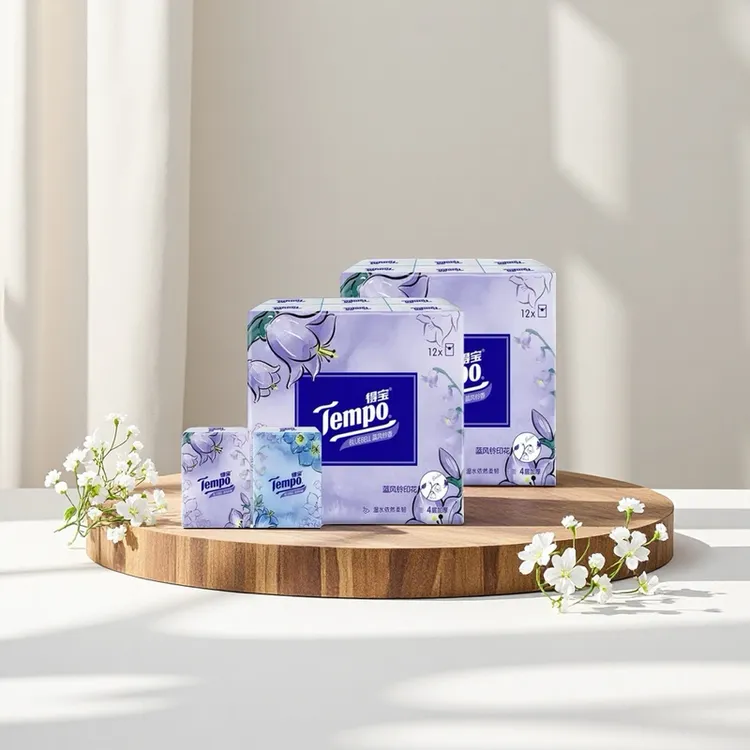 可湿有香印花原生木浆4层清洁去污便携式蓝风铃手帕纸