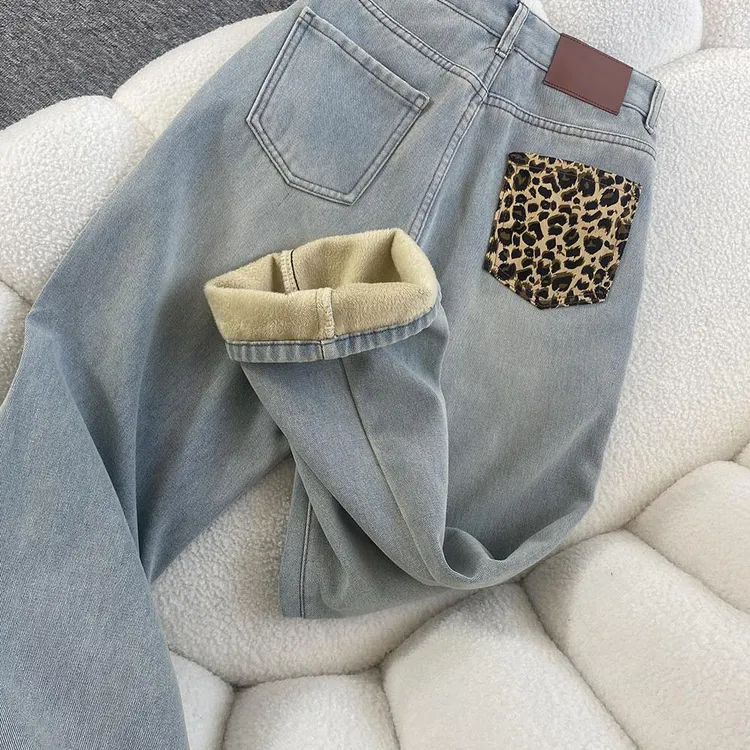 美式复古豹纹口袋牛仔裤女秋冬加绒高腰显瘦宽松直筒裤子ins长裤