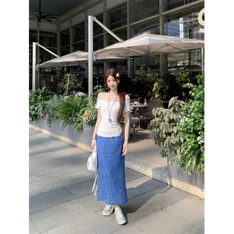 白色一字肩假两件短袖T恤女夏季2025新款纯欲风修身紧身短款上衣