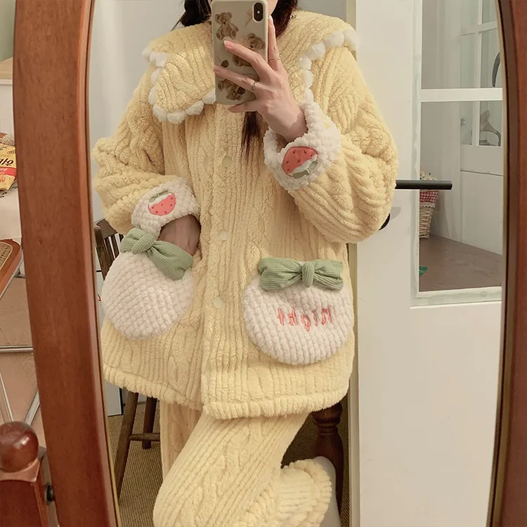 珊瑚绒睡衣冬季女款特厚加绒可外出穿秋冬天法兰绒保暖家居服套装