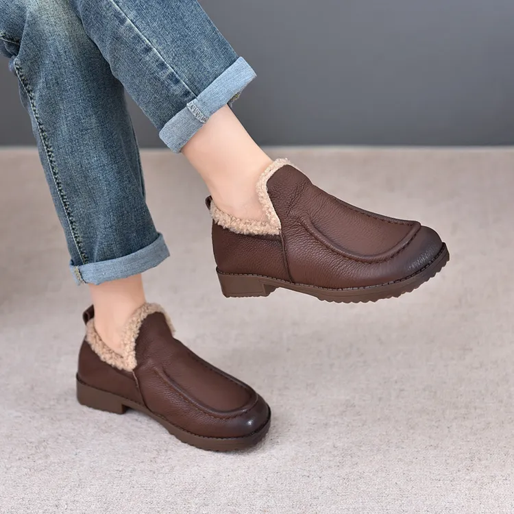 复古加绒真皮棉鞋女毛毛24冬季新款保暖舒适软底中老年妈妈鞋乐福