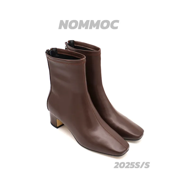 方头时尚气质羊皮中跟短靴