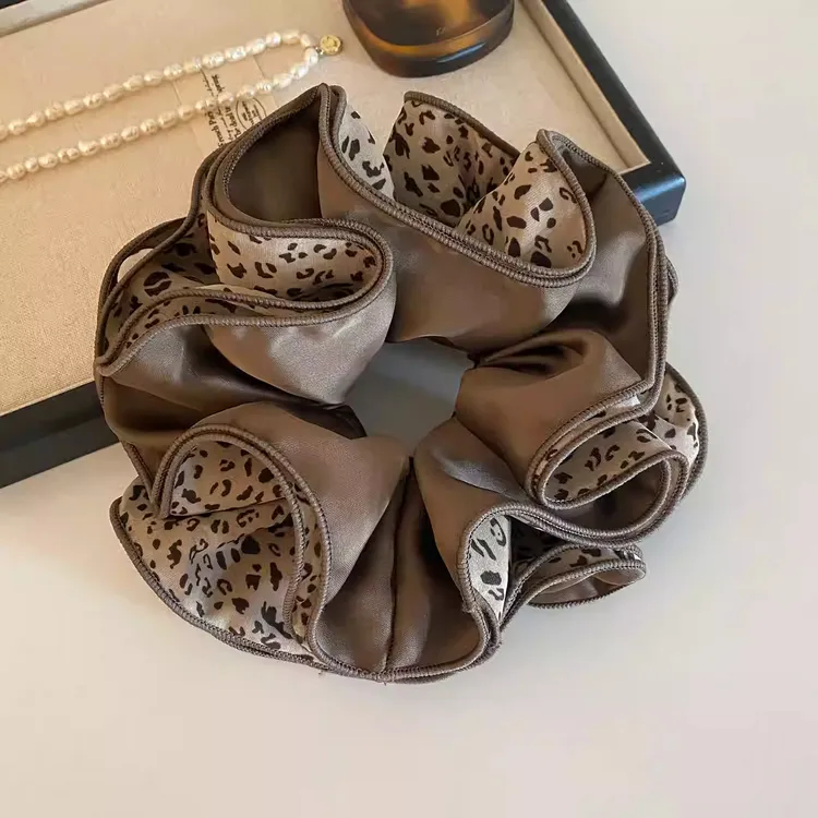 9un韩系复古棕色豹纹大肠发圈女高级感扎头发头绳丸子头皮筋发饰~