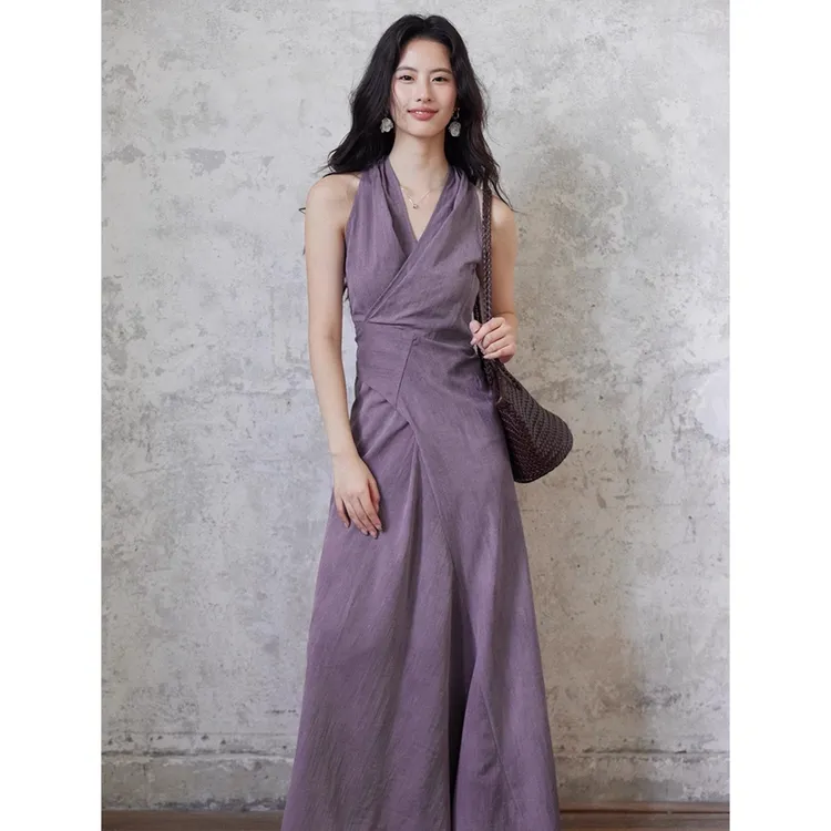 设计【青宛】气质紫色v领挂脖长裙女绑带设计感连衣裙子
