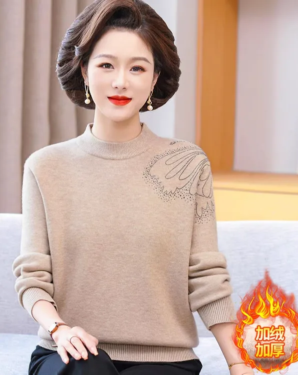 百花果冬季加厚加绒保暖圆领一体绒女士长袖毛衣秋冬针织衫高弹力