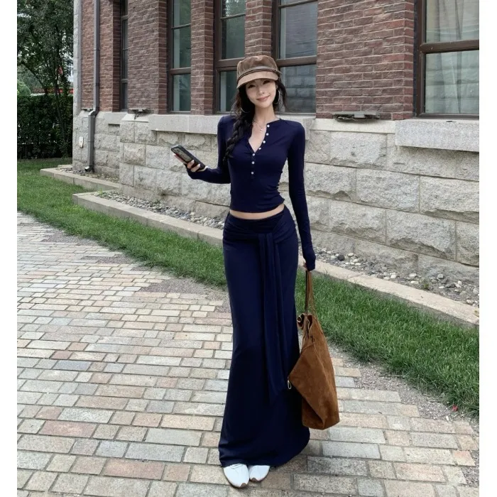 辣妹灰色半开领长袖修身T恤女秋季休闲套装绑带包臀半身裙两件套
