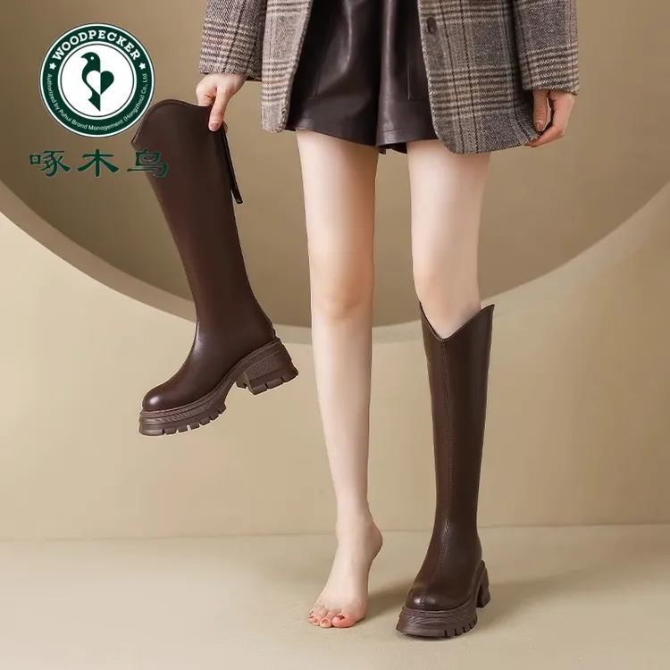 啄木鸟小个子马丁靴厚底长靴女2025秋冬新款不过膝高筒加绒骑士靴