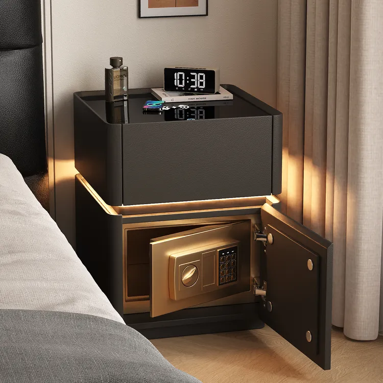 智能实木床头柜保险箱一体黑色家用卧室带锁轻奢高级感小型收纳柜