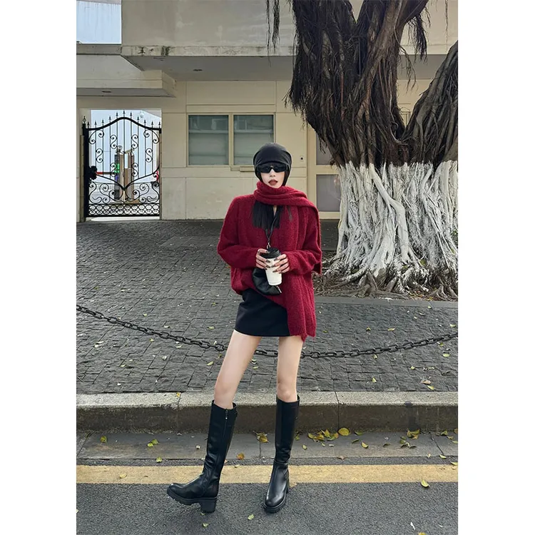 盐系气质温柔风软糯宽松V领长袖针织毛衣女百搭显瘦高腰休闲短裙
