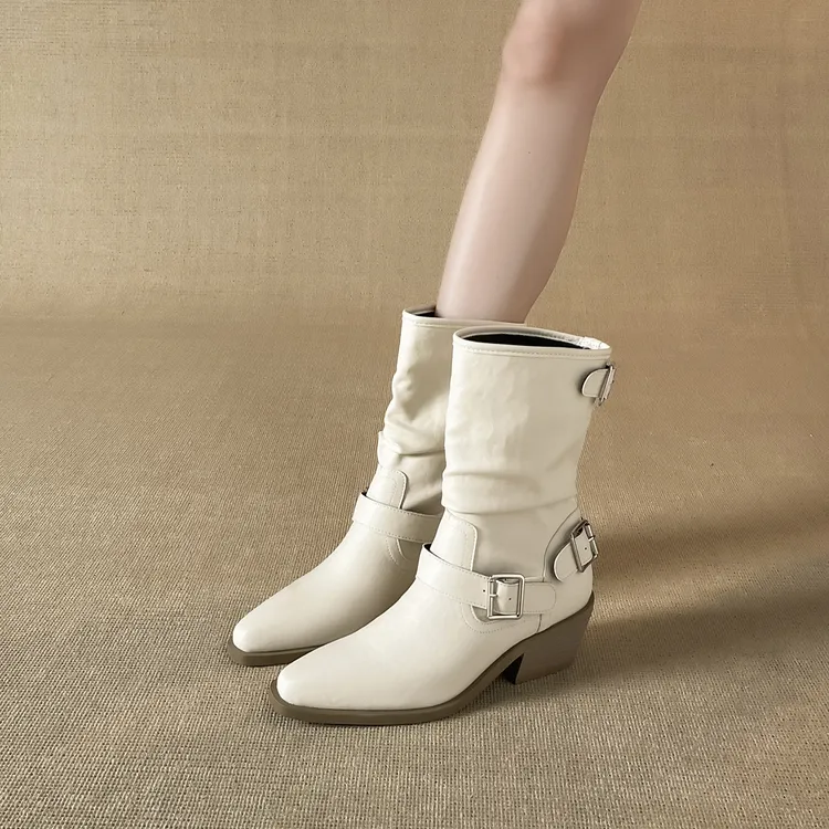 牛皮版~尖头粗跟白色短靴女英伦风皮带扣马丁靴气质中筒堆堆靴子