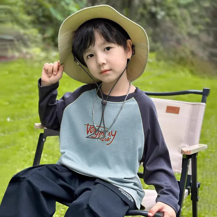 男童长袖T恤2025春季新款中大童帅气撞色棉打底衫男童春秋款上衣