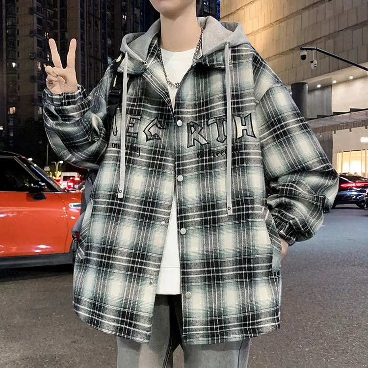 2025春季新款青年格子运动休闲宽松连帽男生帅气开衫外套ins夹克