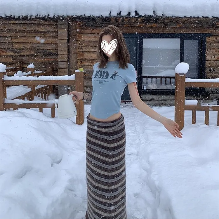 美式炸街企鹅印花内搭短袖T恤女装秋冬修身显瘦正肩内搭打底上衣