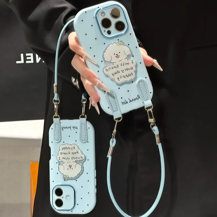 波点小狗支架挂绳适用苹果16/17手机壳iPhone15小米14vivoppo华为