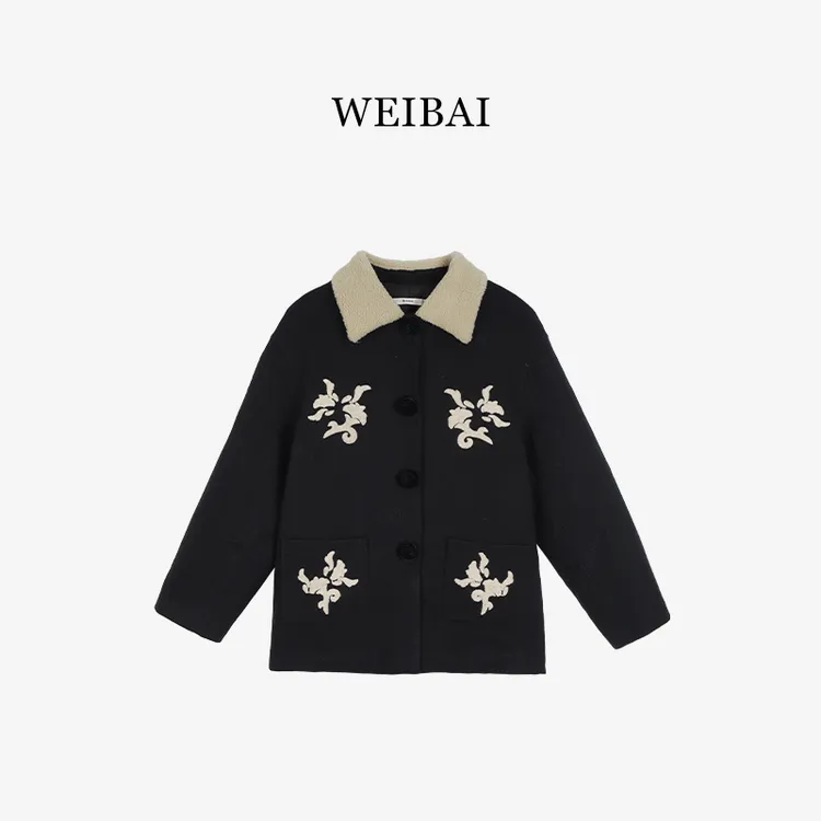法式小众设计高级感刺绣外套女呢子料羊毛大衣风衣女82582