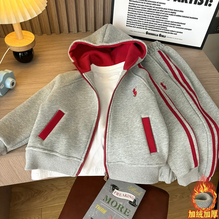 儿童连帽男童套装2025新款运动休闲加绒加厚卫衣宝宝两件套洋气潮