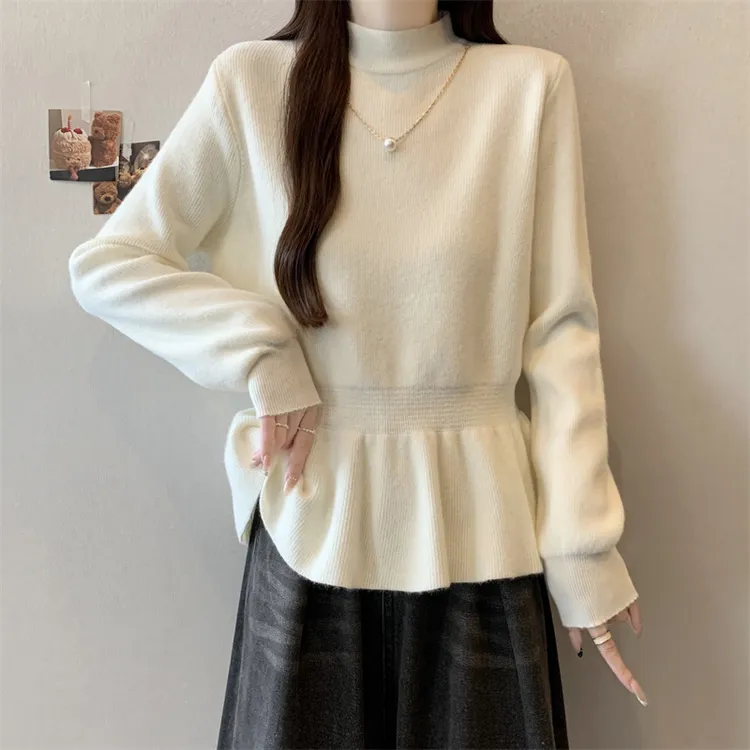 大码女装遮肚子半高领荷叶边针织毛衣秋冬胖妹妹显瘦百搭收腰上衣