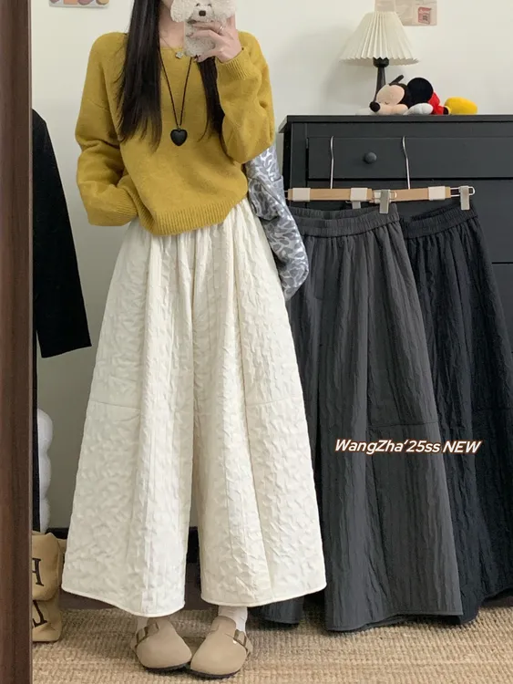 冬季夹棉奶奶裤秋冬保暖休闲裤松紧腰宽松阔腿九分裤阔腿裤