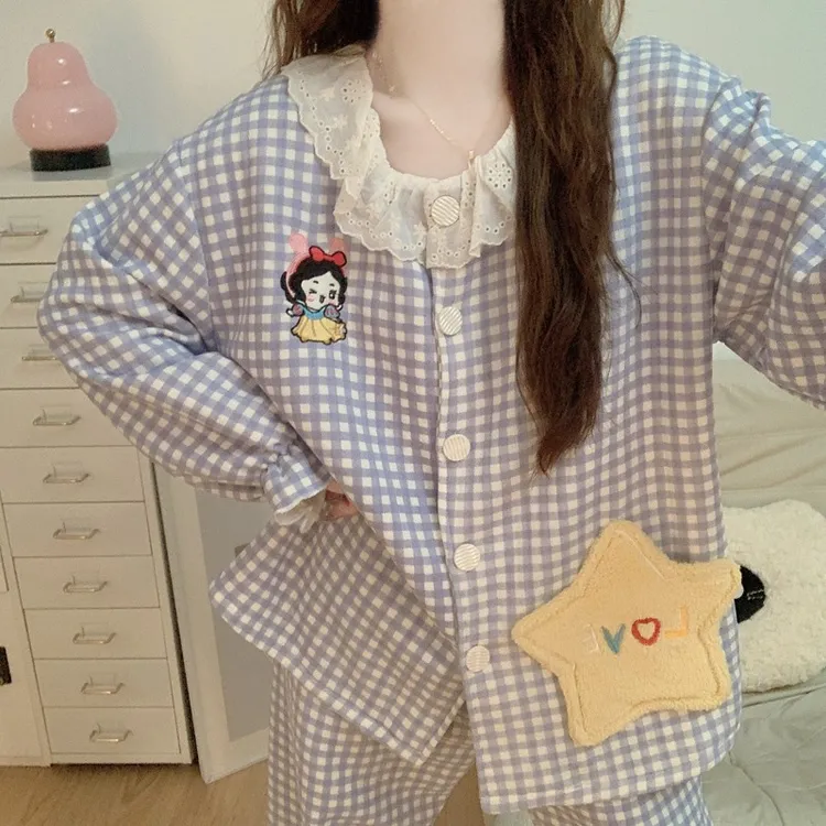 空气棉夹层加厚睡衣女秋冬季2025新款长袖格子小公主风家居服套装