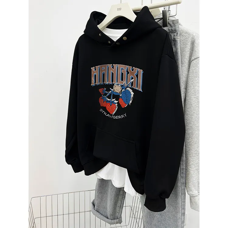 黑色潮牌连帽卫衣女秋冬季新款韩系ins趣味小熊印花设计感纽扣潮