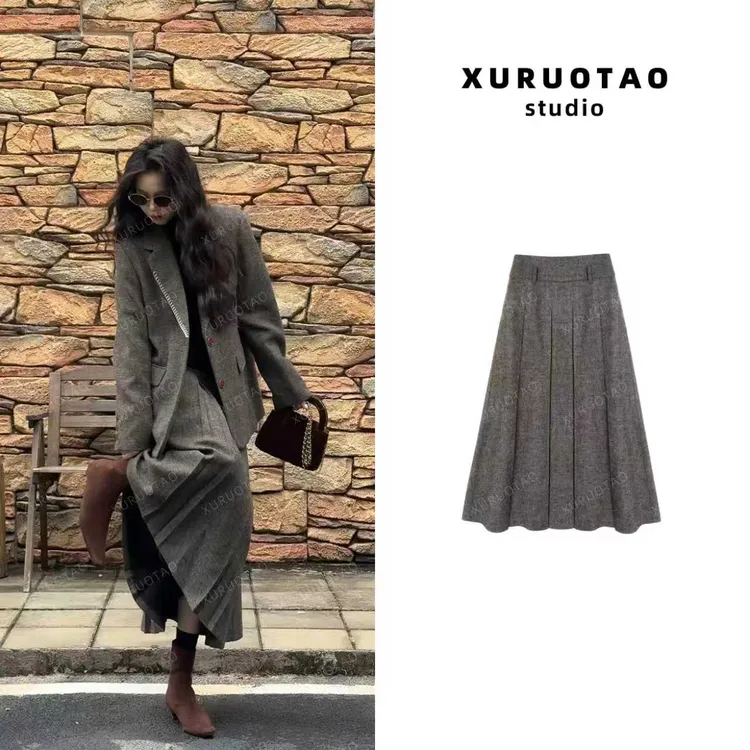 XURUOTAO【美拉德系西装裙】绵羊毛设计显瘦灰色半身裙 T5780