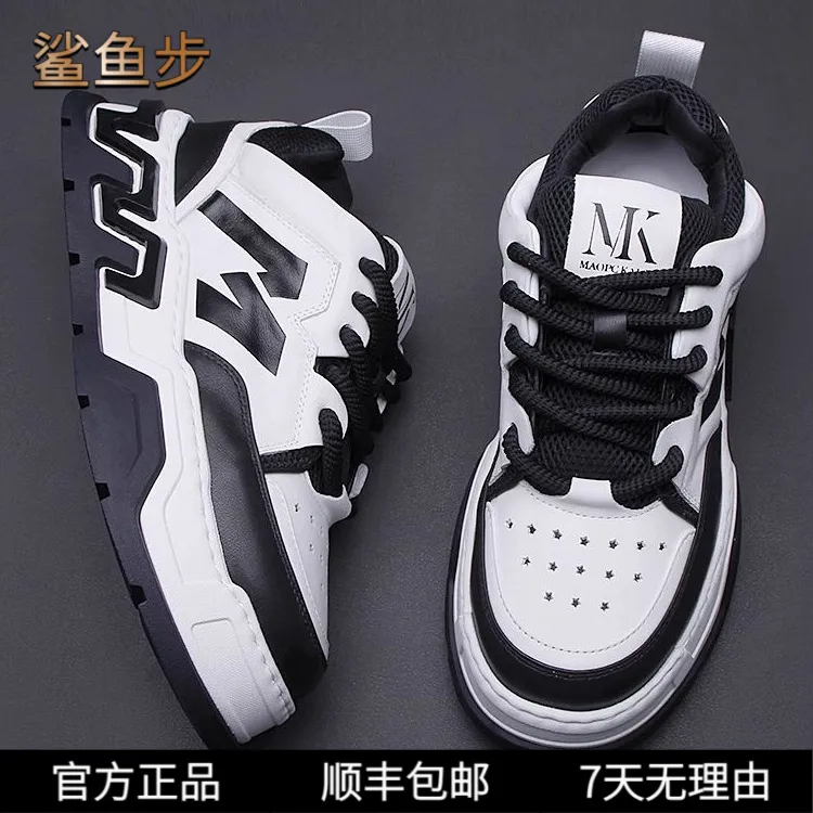 鲨鱼步欧洲站黑白拼色牛皮板鞋男鞋2025新款个性绑带潮鞋休闲鞋子