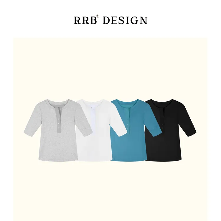 RRB Design「重塑经典」修身显瘦圆领半排扣中袖T恤简约纯色上衣