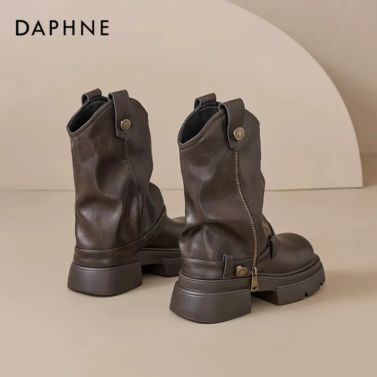 达芙妮美拉德短靴女2025新款秋季复古棕色马丁靴废土风西部牛仔靴