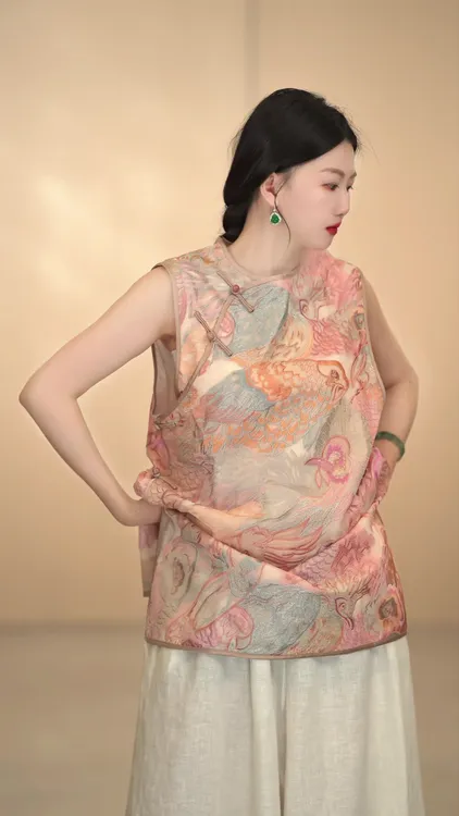 「裁夏」民族风时尚刺绣动物图无袖气质复古花色显瘦百搭上衣提花