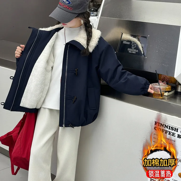 女童加绒外套冬季新款毛毛领派克服加厚保暖棉衣女大童12岁-15岁