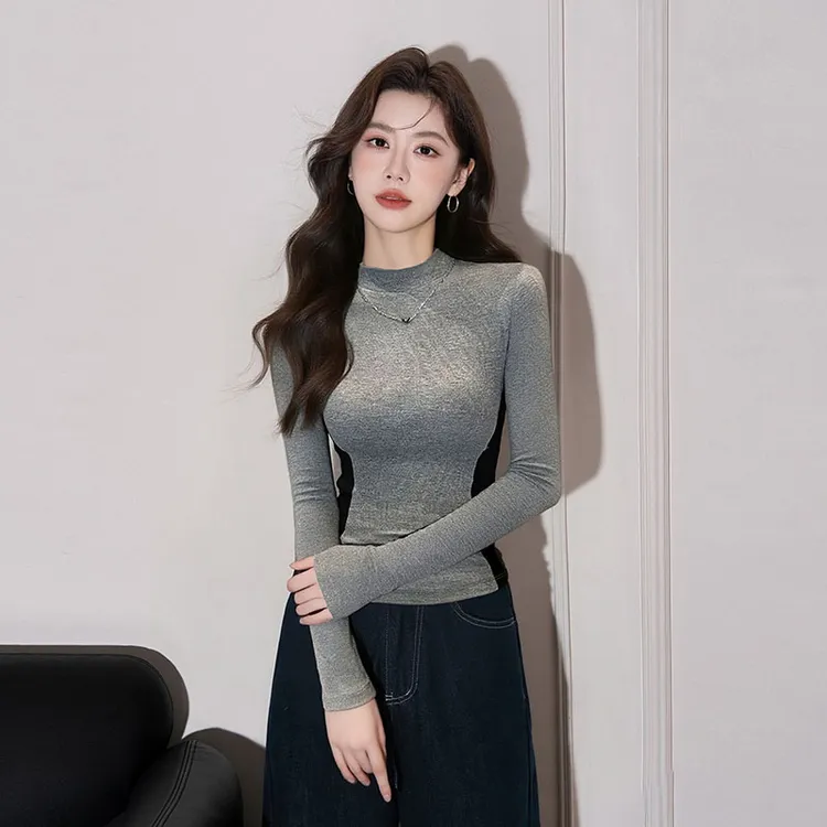 灰色半高领打底衫女秋冬内搭长袖2025年新款拼色收腰螺纹薄款上衣
