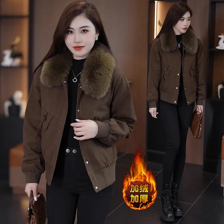 时尚洋气加绒加厚保暖短款外套女冬季新款小个子韩版工装开衫上衣