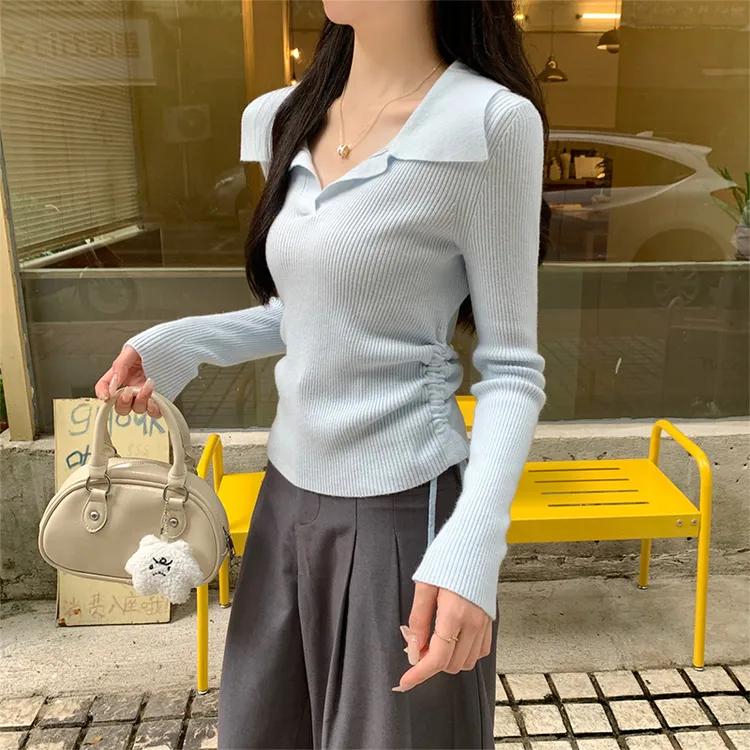 自留款推荐~设计感polo翻领抽绳T恤女春秋新款修身别致针织衫上衣