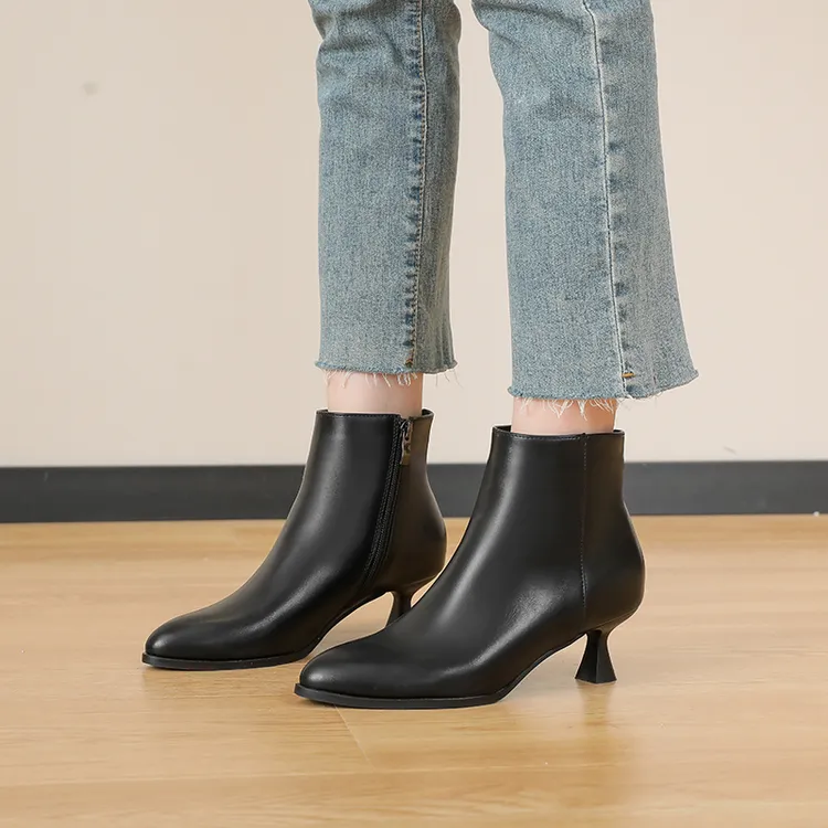 职业上班加绒通勤秋冬高跟鞋女黑色细跟猫跟短靴工装女靴皮靴裸靴