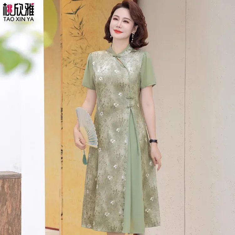 妈妈夏装短袖国风连衣裙2025新款中老年女装高贵气质改良旗袍裙子