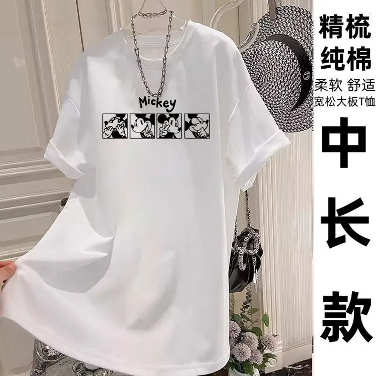 新款夏季纯棉中长款短袖t恤女时尚印花宽松休闲上衣搭配鲨鱼裤T恤