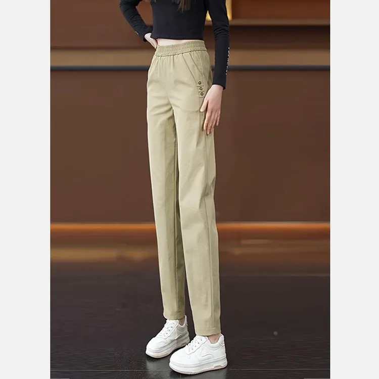 卡其色松紧腰休闲哈伦裤女春秋季2025新款高腰宽松显瘦百搭萝卜裤